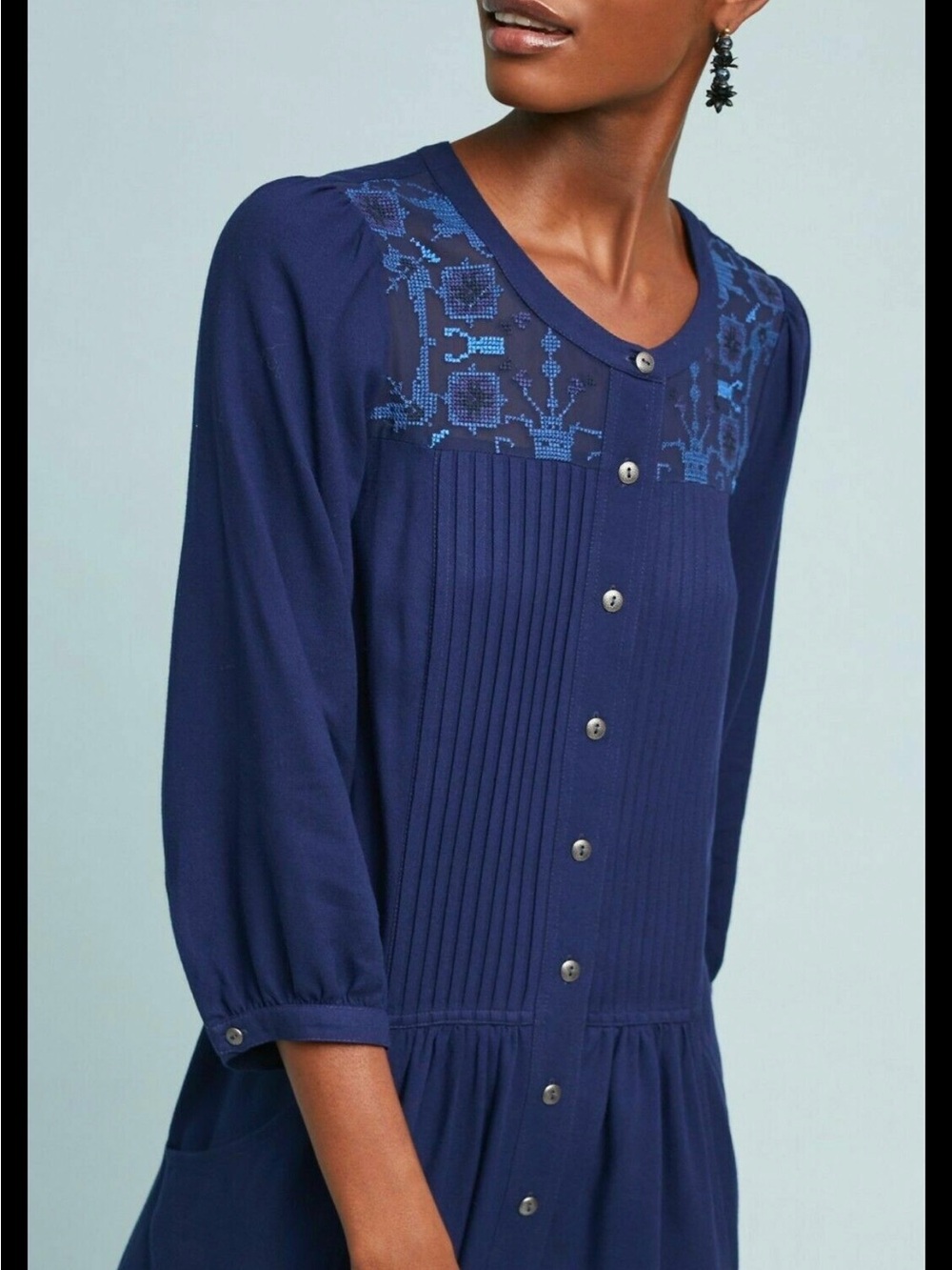 Anthropologie Navy Embroidered Yoke Button-Front Midi Dress - Picture 5 of 5